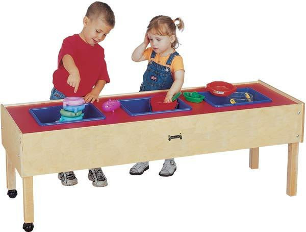 Jonti-Craft 3 Tub Children's Sensory Table, children playing with sand and water in blue bins on a wooden sensory table.